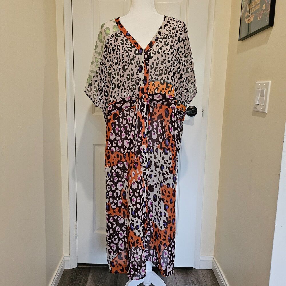 Cabi Escape Patchwork Skin Dress Kaftan M Leopard Animal Print Multi 5952
